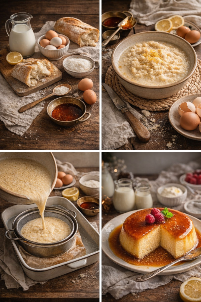 Ingredientes para el flan de huevo con miga de pan, incluyendo pan, leche, huevos, azúcar y limón.